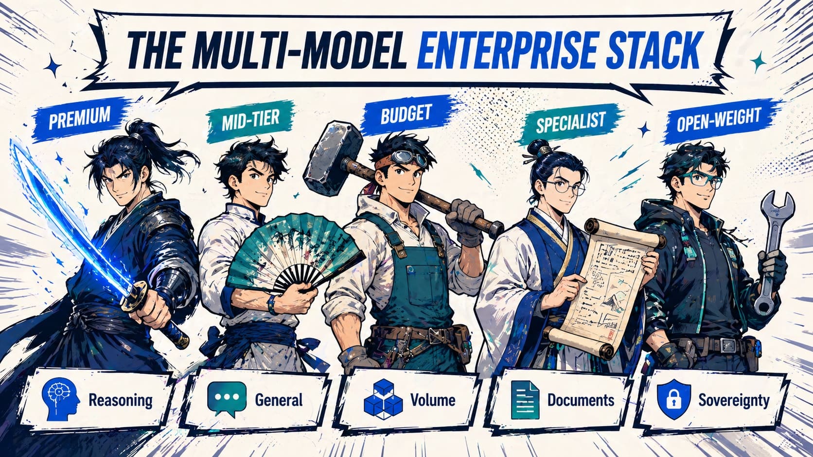 The multi-model enterprise stack — premium, mid-tier, budget, specialist, open-weight